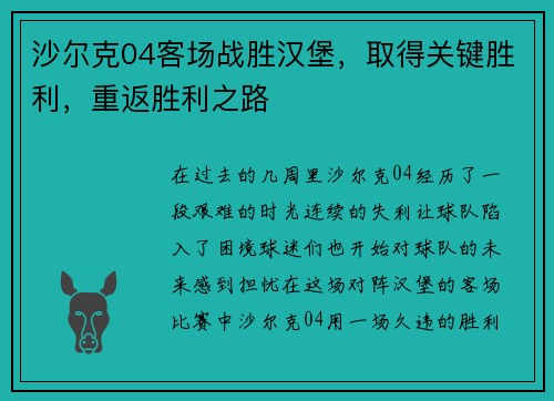 沙尔克04客场战胜汉堡，取得关键胜利，重返胜利之路