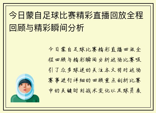 今日蒙自足球比赛精彩直播回放全程回顾与精彩瞬间分析